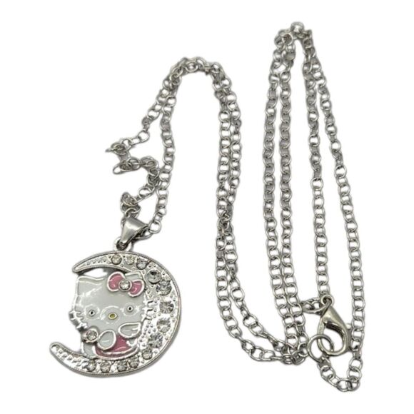 Hello Kitty Moon Rhinestone 24" Necklace Pink Bow Cat Charm Pendant Silver Chain - Picture 4 of 7